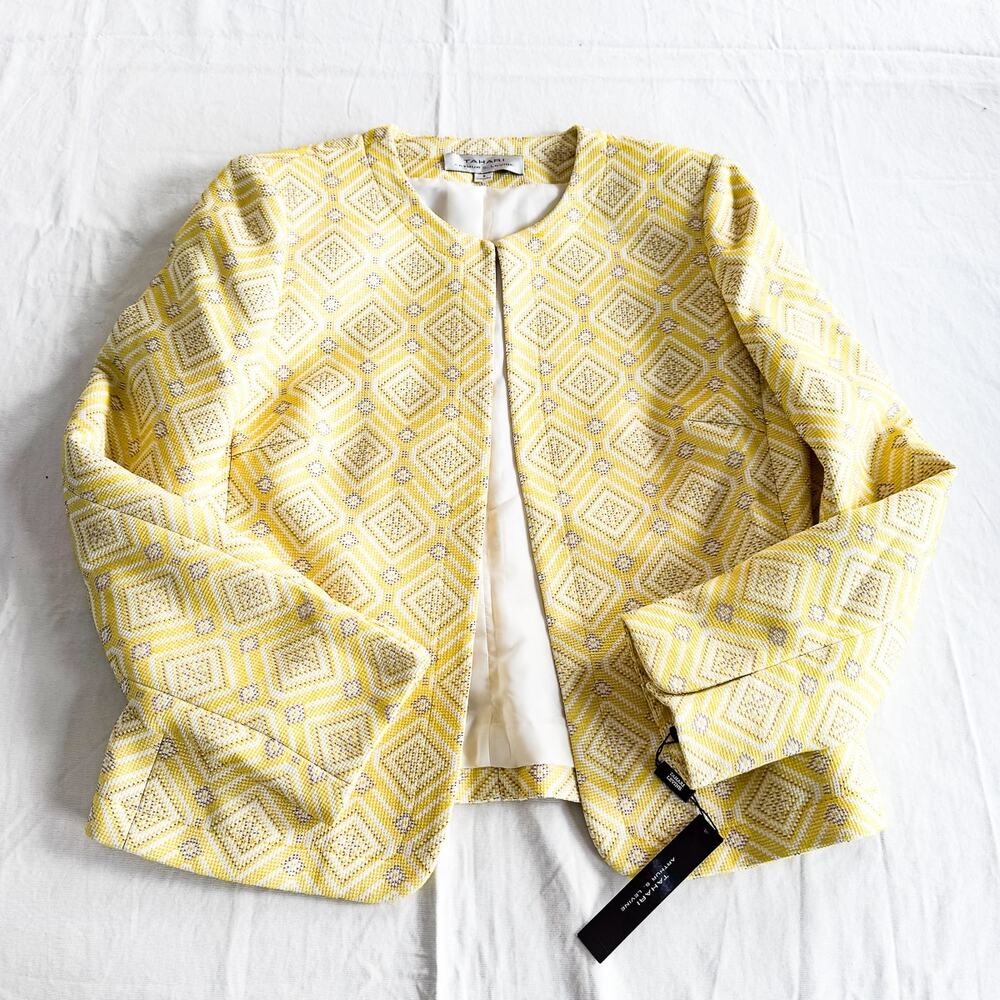 Tahari Alice Yellow Woven Patterned Blazer Jacket Size 8